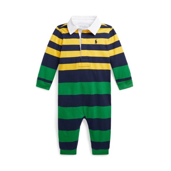 NWT - Infant 9 Month Ralph Lauren Baby Boys Striped Cotton Jersey Rugby Coverall - Picture 1 of 6